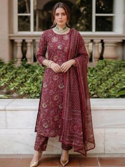 Gahan - Womens Maroon Rayon Blend Straight Printed Kurta and Pant With Dupatta