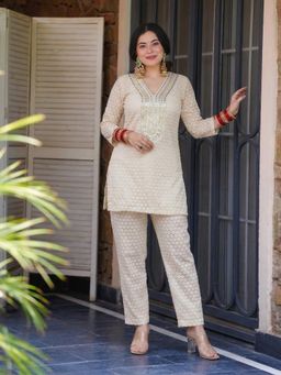 Gahan - Womens Cream Rayon Blend Embroidery Straight Co-Ord Set