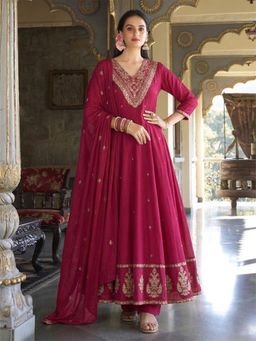 Gahan - Womens Pink Rayon Blend Printed Anarkali Kurta and Pant With Dupatta