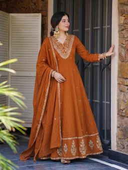 Gahan - Womens Rust Rayon Blend Printed A-Line Kurta and Pant With Dupatta