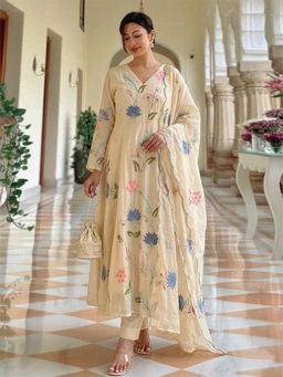 Gahan - Womens Cream Rayon Blend Printed Anarkali Kurta and Pant With Dupatta
