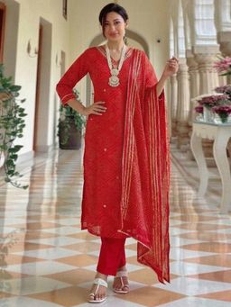 Gahan - Womens Red Rayon Blend Embroidered Straight Kurta and Pant With Dupatta