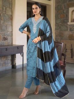 Gahan - Womens Blue Rayon Blend Printed Straight Kurta and Pant With Dupatta