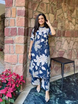 Gahan - Womens Blue Rayon Blend Printed Straight Kurta With Palazzo