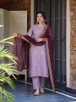 Gahan - Womens Purple Rayon Blend Woven Design Straight Kurta and Pant With Dupatta