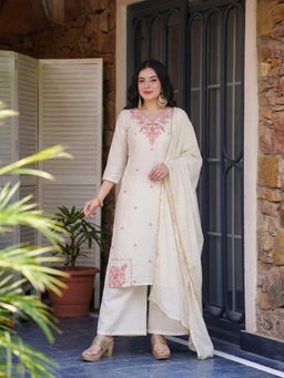 Gahan - Womens Cream Rayon Blend Embroidered Straight Kurta and Palazzo With Dupatta