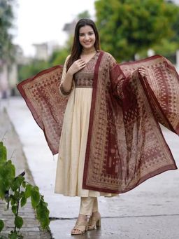Gahan - Womens Cream Rayon Blend Printed Anarkali Kurta and Pant With Dupatta
