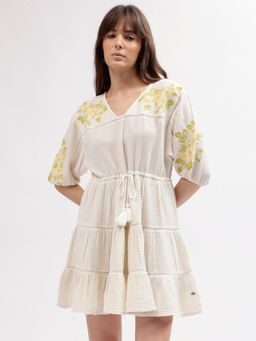 ELLE - Women Off White Embroidered V Neck Dress