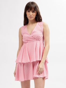 ELLE - Women Pink Printed V Neck Sleeveless Dress