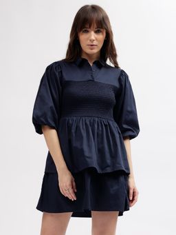 ELLE - Women Navy Blue Solid Shirt Collar Dress