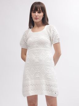 ELLE - Women White Self-Design Scoop Neck Short Sleeves Dress