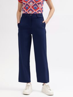 ELLE - Women Navy Blue Solid Mid-Rise Trousers