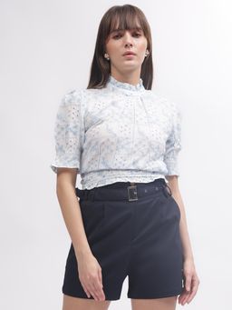 ELLE - Women White Embroidered Ruffled Neck Short Sleeves Top