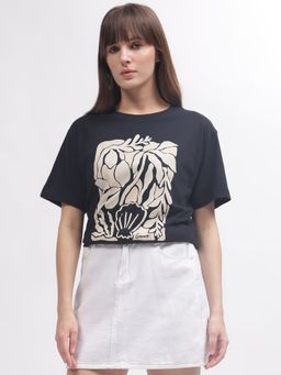 GANT - Women Black Printed Round Neck Short Sleeves T-Shirt