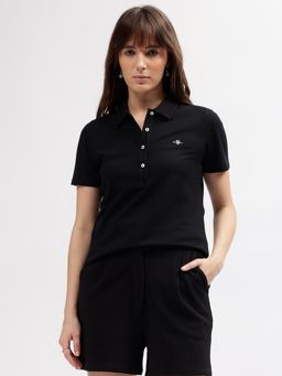 GANT - Women Black Solid Collar Short Sleeves Polo T-Shirt