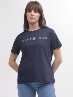 GANT - Women Blue Solid Round Neck Short Sleeves T-Shirt