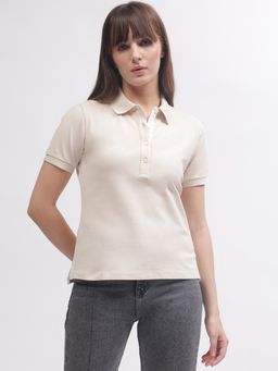 GANT - Women Beige Solid Short Sleeves Polo T-Shirt