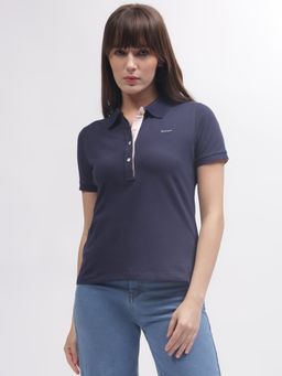 GANT - Women Navy Blue Solid Short Sleeves Polo T-Shirt