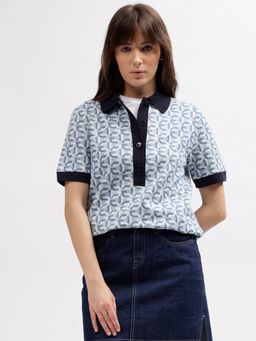 GANT - Women Blue Printed Collar Short Sleeves Polo T-Shirt