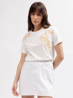 GANT - Women White Embroidered Round Neck Short Sleeves T-Shirt
