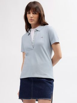 GANT - Women Blue Solid Collar Short Sleeves Polo T-Shirt