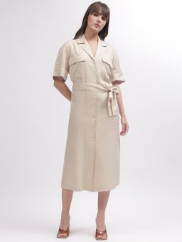 GANT - Women Beige Solid Notched Lapel Short Sleeves Dress with Belt (Set of 2)