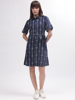 GANT - Women Blue Printed Shirt Collar Short Sleeves Dress with Belt (Set of 2)