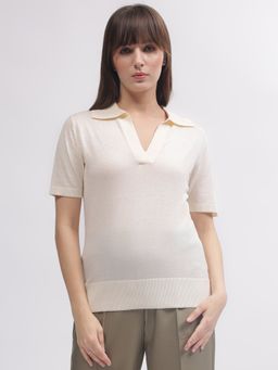 GANT - Women Cream Solid Polo Short Sleeves T-Shirt