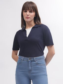 GANT - Women Navy Blue Solid Polo Short Sleeves T-Shirt