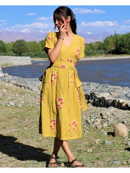 Chidiyaa - Poppy Yellow Block Printed Cotton Dress Zanskar