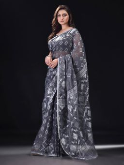 Beatitude - Grey Cotton Silk Woven Jacquard Jamdani Saree with Unstitched Blouse