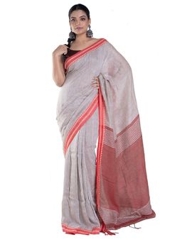 Boveee - Grey Handloom Linen Saree With Red Border And Pallu with Unstitched Blouse