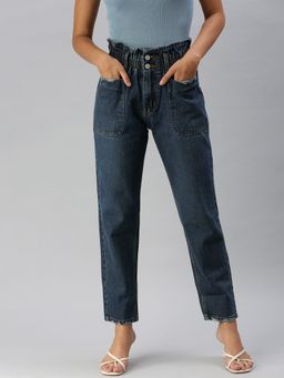 SHOWOFF - Women Low Distress Navy Blue Mom Fit Denim Jeans