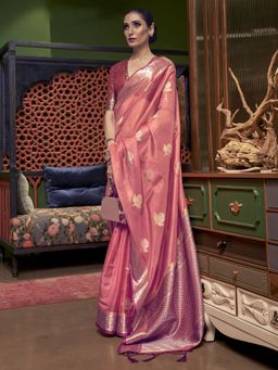 Akhilam - Womens Organza Pink Woven Designer Saree with Unstitched Blouse