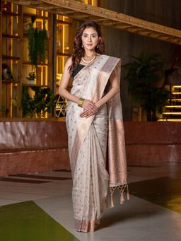 Beatitude - Grey Copper-Toned Ethnic Motifs Zari Cotton Blend Saree with Unstitched Blouse