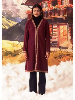 Lakshita - Maroon Embroidered Brushed Wool Shrug for Women
