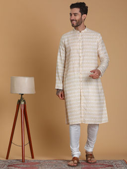 TABARD - Beige Cotton Full Sleeve Regular Fit Kurta with Churidar (Set of 2)