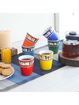 CDI - Blue & Orange Set of 6 Ethnic Motifs Printed Ceramic Glossy Kulladhs Cups And Mugs