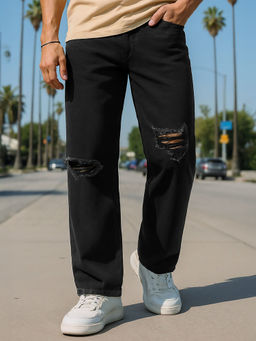 Bewakoof - Men's Black Baggy Fit Distressed Mid-Rise Jeans