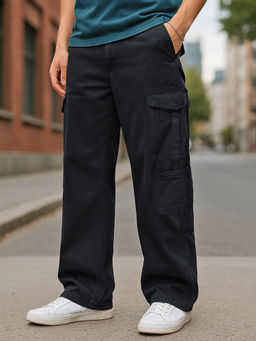 Bewakoof - Men's Black Baggy Fit Cargo Mid-Rise Jeans