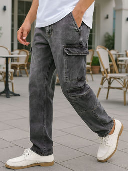 Bewakoof - Men's Grey Baggy Fit Washed Cargo Mid-Rise Jeans