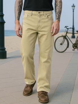 Bewakoof - Men's Beige Baggy Fit Mid-Rise Jeans