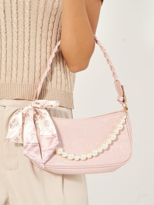 Styli Women Pink Drop Pearl Braided Shoulder Bag
