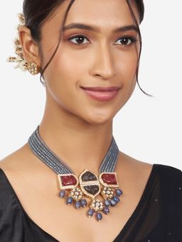 Joules By Radhika - Gold Finish Grey & Pink Kundan Polki Necklace & Earrings (Set of 2)