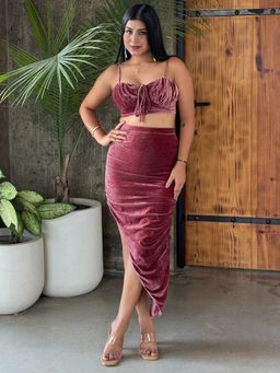 Tandul - Pink Stunning Velvet Burgundy Top with Skirt