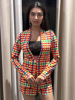 Tandul - Vibrant Multicolour Checkered Blazer with Shorts