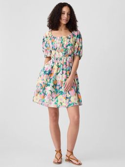 GAP - Floral Printed Scoop-Neck Smocked Multicolour Dress