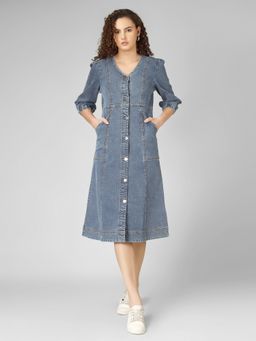 COSMIC TRIO - Blue V-Neck Puff Sleeve Denim A-Line Dress