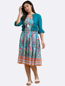 Deebaco - Tropical Printed Smocked Fit Flare Turquoise Dress with Jacket