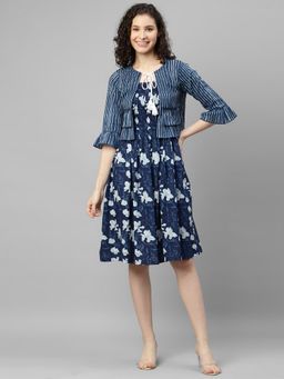 Deebaco - Print Smocking Navy Blue Dress with Jacket